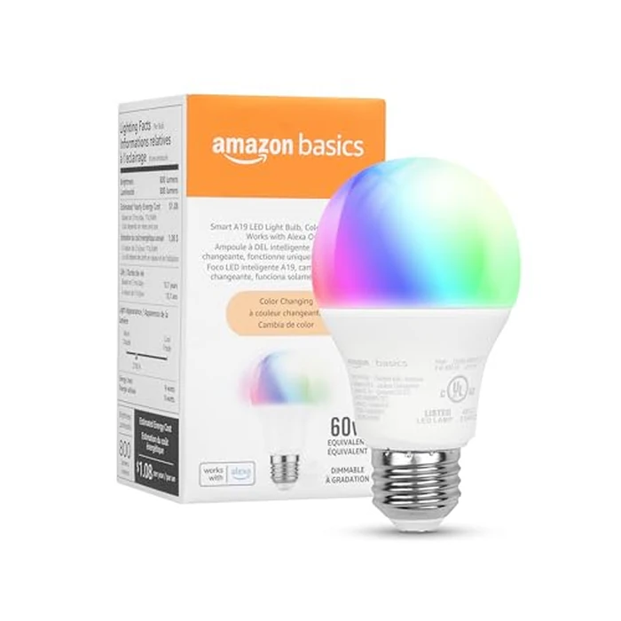 Amazon Basics Smart A19 LED Light Bulb, Color Changing, 9W (60W Equivalent), 800LM, Works with Alexa Only, WiFi 2.4 GHz, No Hub Required, Mood Lighting, Energy Efficient, 1-Pack by Amazon Basics - Image 1