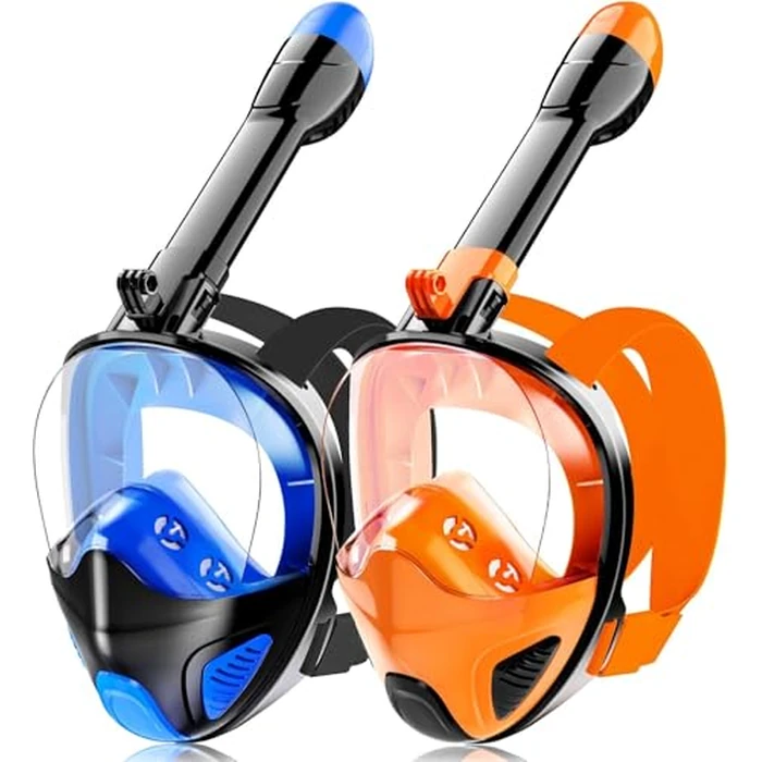 Full Face Snorkel Mask for Adults Teen, Snorkeling Gear with Detachable Camera Mount, Panoramic 180 degrees View, Anti-Fog Anti-Leak Snorkling Set for Man and Women (Dark Blue+Black Orange-S/M) by Hydroview - Used - Like New condition