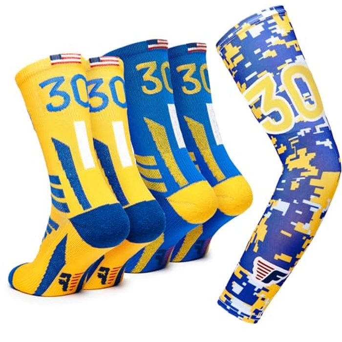 Forever Fanatics Basketball Socks For Men & Boys Crew Socks With Basketball Arm Sleeve - Made in USA (N 30 Yellow Blue, 6-10 Years) by Forever Fanatics - Used - Like New condition