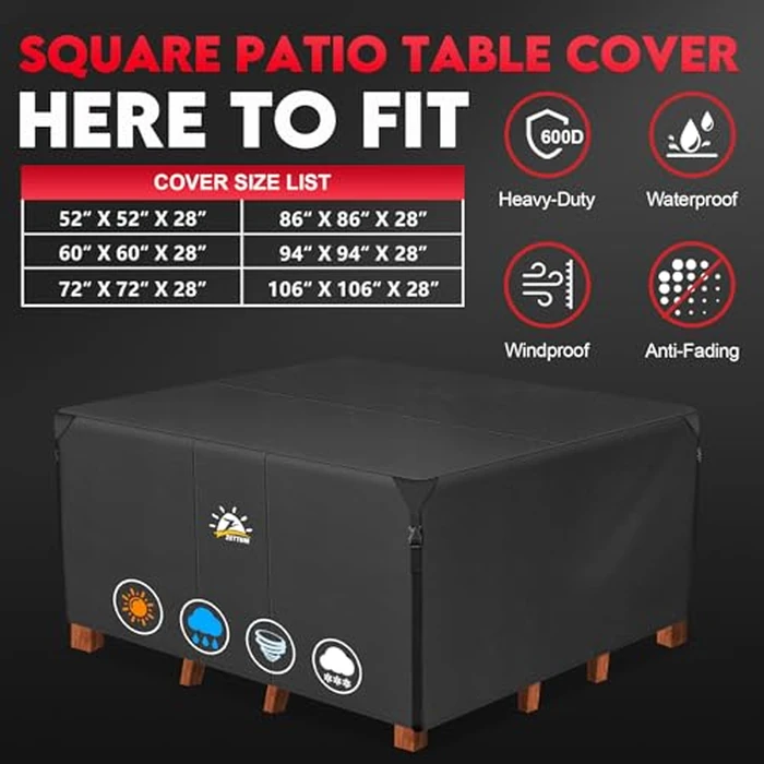 Zettum Patio Furniture Cover Square - 600D Outdoor Table Cover Waterproof & Heavy Duty, Extra Large Lawn Furniture Set Covers for Outside Dining Table and Chairs Seating Combo - 106 x 106 x 28 Inch by Zettum - Image 3