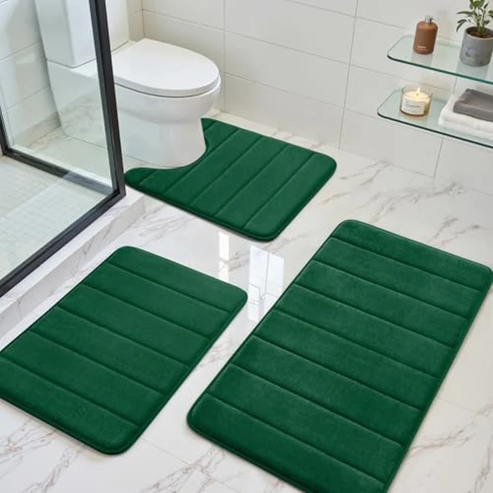 BYSURE Dark Green Memory Foam Bathroom Rug Set 3 Piece, Non Slip Extra Soft Absorbent Machine Washable Toilet Bath Toilet Mat (17"x24"+20"x32"+U Shape 20"x24") by BYSURE - Image 1