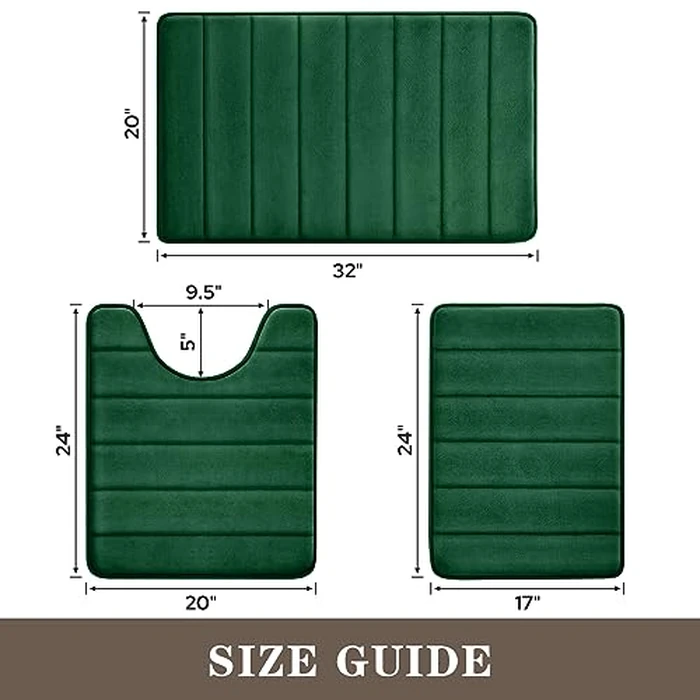 BYSURE Dark Green Memory Foam Bathroom Rug Set 3 Piece, Non Slip Extra Soft Absorbent Machine Washable Toilet Bath Toilet Mat (17"x24"+20"x32"+U Shape 20"x24") by BYSURE - Image 6