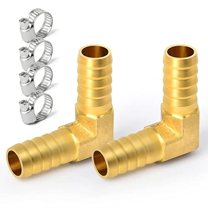 GASHER 5 Pieces Brass Hose Barb Reducer, 3/4 Inch to 3/4 Inch Barb Hose ID 90 Degree L Right Angle Elbow with 10 Hose Clamps, Brass Barb Reducer SPLICER Fitting Fuel/AIR/Water/Oil/Gas/WOG by GASHER - Used - Very Good condition - CA$10.67