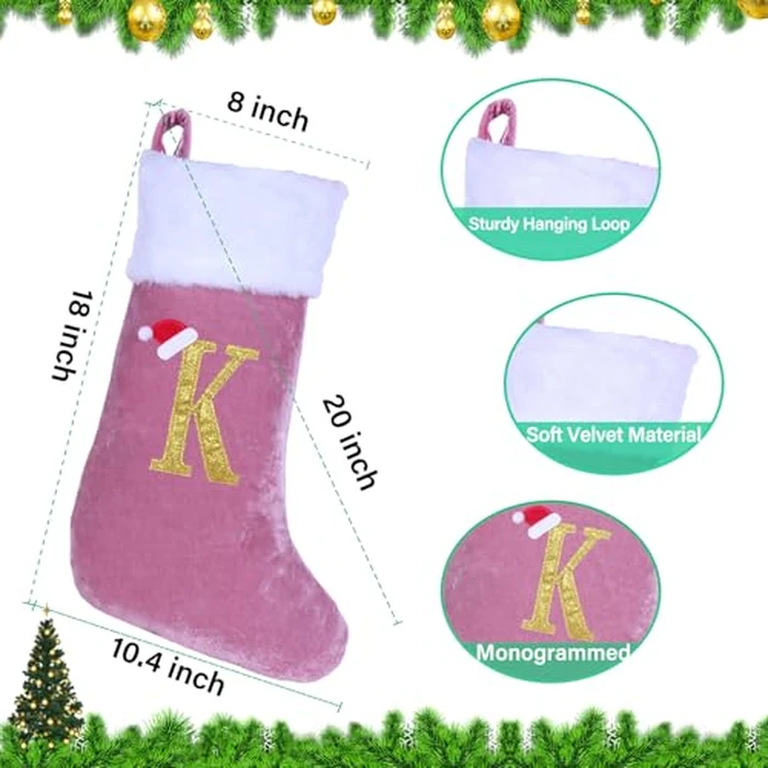 20 Inches Monogram Christmas Stockings with Letters, Large Super Soft Christmas Stockings Pink Velvet with White Super Soft Plush Cuff for Xmas Tree Holiday Fireplace Gold Letter K by Sailup - Image 2