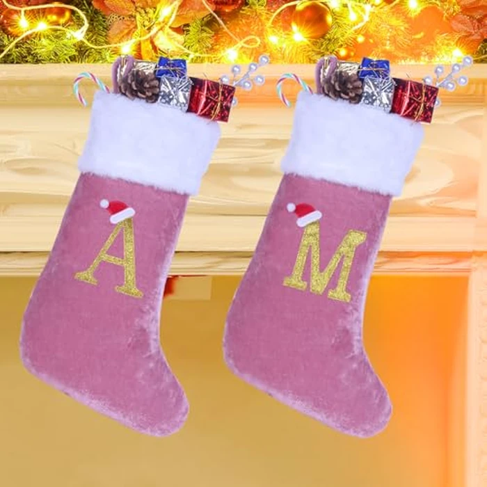 20 Inches Monogram Christmas Stockings with Letters, Large Super Soft Christmas Stockings Pink Velvet with White Super Soft Plush Cuff for Xmas Tree Holiday Fireplace Gold Letter K by Sailup - Image 4