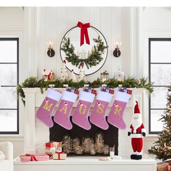 20 Inches Monogram Christmas Stockings with Letters, Large Super Soft Christmas Stockings Pink Velvet with White Super Soft Plush Cuff for Xmas Tree Holiday Fireplace Gold Letter K by Sailup - Image 5