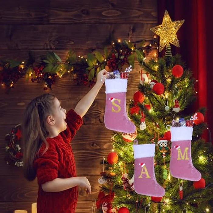 20 Inches Monogram Christmas Stockings with Letters, Large Super Soft Christmas Stockings Pink Velvet with White Super Soft Plush Cuff for Xmas Tree Holiday Fireplace Gold Letter K by Sailup - Image 7