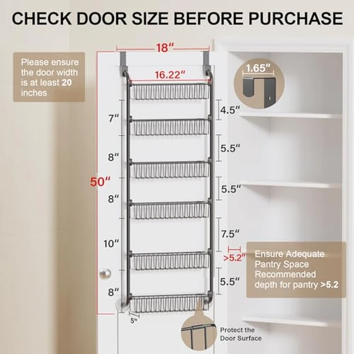 Delamu Over the Door Pantry Organizer, 6 Tier Pantry Organizers and Storage, Metal Cabinet Door Organizer, Hanging Spice Rack Shelves for Home & Kitchen, D4.65xW18xH50inch, Black by Delamu - Image 2