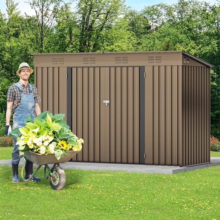 DWVO 9' x 4' Outdoor Storage Shed, Large Metal Tool Sheds, Heavy Duty Storage House with Lockable Doors & Air Vent for Backyard Patio Lawn to Store Bikes, Tools, Lawnmowers, Brown by DWVO - Image 2