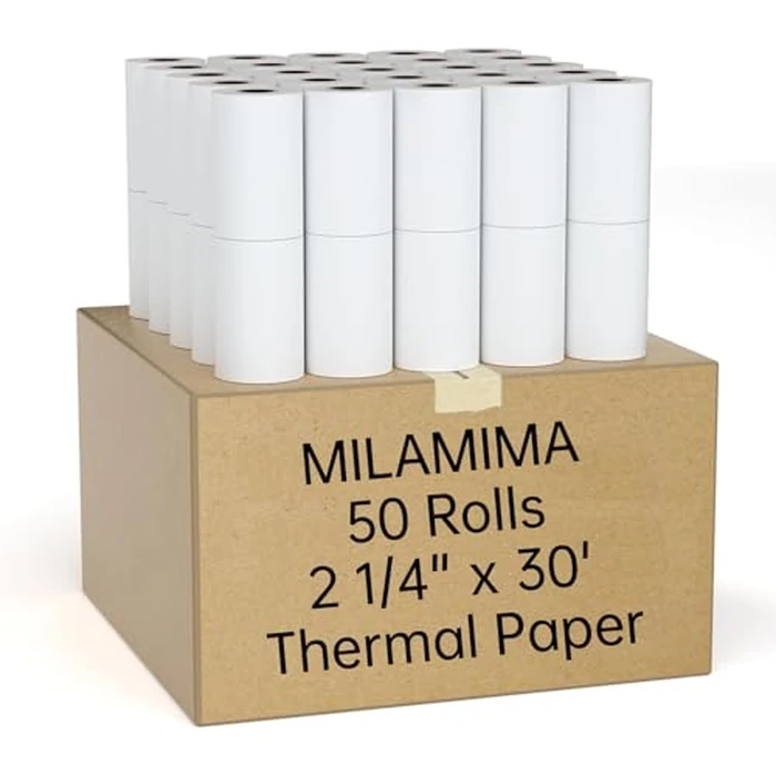 MilaMima 50 Rolls 2 1/4" x 30' Thermal Paper Rolls | 34mm Diameter for Mobile POS & Handheld Terminals | 68 GSM BPA-Free Receipt Paper Fits Square, Clover Flex, Pax A920, Debit Credit Card Machine by MilaMima - Used - Like New condition - CA$25.09
