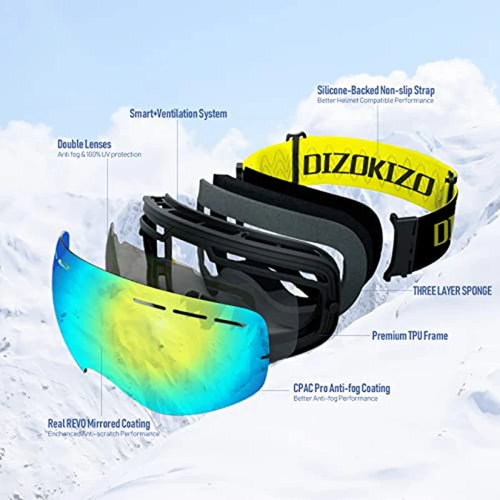Dizokizo Ski Goggles Interchangeable Spherical Lens for Skiing Snowboard Anti-fog 100% UV Protection Triple Breathable Foams for Women Men REVO Gold by Dizokizo - Image 3