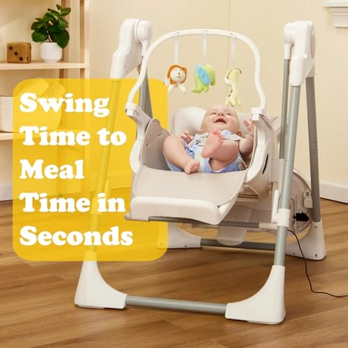 PrimoBaby SnuggleBug 2-in-1 Infant Swing & High Chair, Adjustable Seat Recline, Height, & Feeding Tray, App Control, Music & Nature Sounds, Toy Bar, Ergonomic Cushion, 5 Point Safety Harness by PRIMO - Used - Like New condition