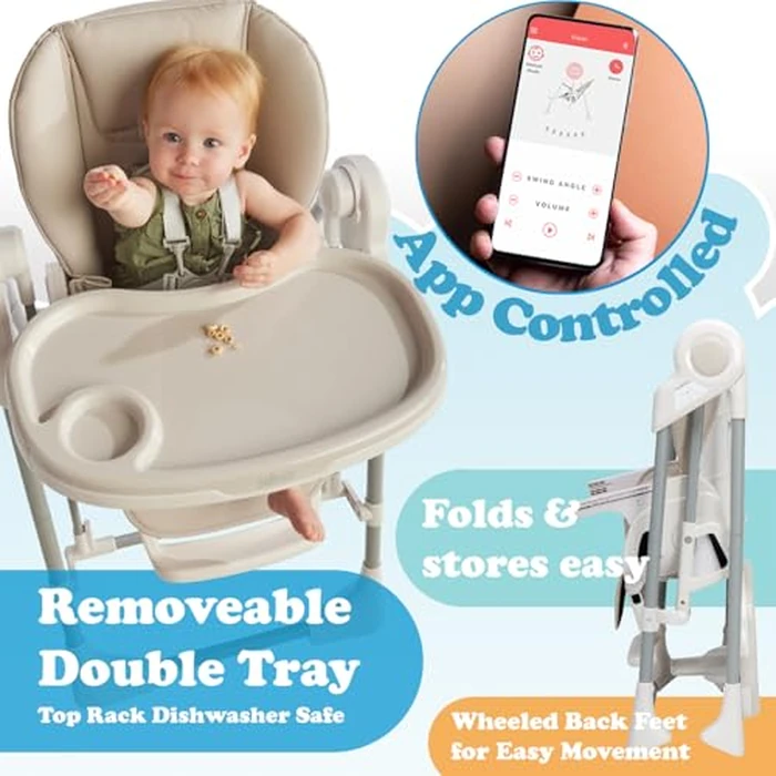 PrimoBaby SnuggleBug 2-in-1 Infant Swing & High Chair, Adjustable Seat Recline, Height, & Feeding Tray, App Control, Music & Nature Sounds, Toy Bar, Ergonomic Cushion, 5 Point Safety Harness by PRIMO - Image 4