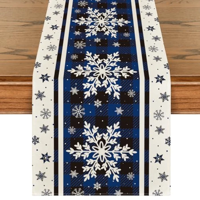 Artoid Mode Buffalo Plaid Snowflakes Blue Christmas Table Runner, Seasonal Winter Kitchen Dining Table Decoration for Home Party Decor 13x108 Inch by Artoid Mode - Image 1