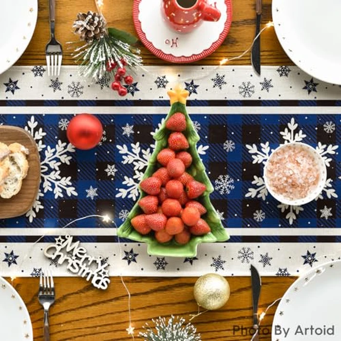 Artoid Mode Buffalo Plaid Snowflakes Blue Christmas Table Runner, Seasonal Winter Kitchen Dining Table Decoration for Home Party Decor 13x108 Inch by Artoid Mode - Image 4