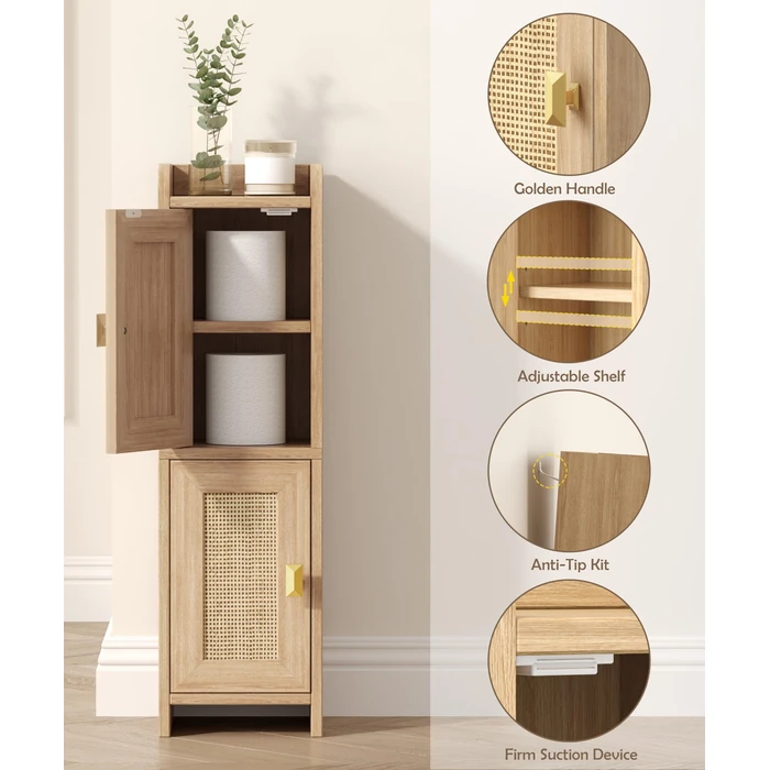 Akxomel Rattan Small Bathroom Cabinet with 2 Doors, 7.9''D x 7.9''W Narrow Toilet Paper Storage Cabinet, Bathroom Organizer for Small Spaces, Wooden Slim Corner Unit with Adjustable Shelf, Natural Oak by Akxomel - Image 5