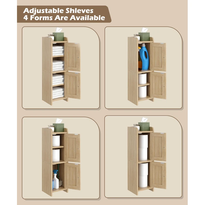 Akxomel Rattan Small Bathroom Cabinet with 2 Doors, 7.9''D x 7.9''W Narrow Toilet Paper Storage Cabinet, Bathroom Organizer for Small Spaces, Wooden Slim Corner Unit with Adjustable Shelf, Natural Oak by Akxomel - Image 6