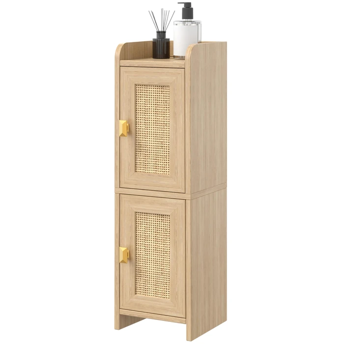 Akxomel Rattan Small Bathroom Cabinet with 2 Doors, 7.9''D x 7.9''W Narrow Toilet Paper Storage Cabinet, Bathroom Organizer for Small Spaces, Wooden Slim Corner Unit with Adjustable Shelf, Natural Oak by Akxomel - Image 9