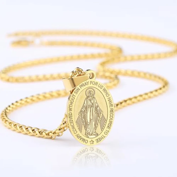 P. BLAKE Gold Oval Virgin Mary Pendant Necklace for Women Men, Virgen De Guadalupe Miraculous Medal Necklace 24 Inches by P. BLAKE - Image 2