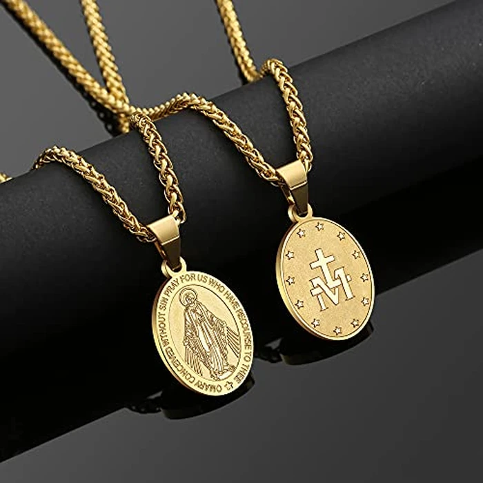 P. BLAKE Gold Oval Virgin Mary Pendant Necklace for Women Men, Virgen De Guadalupe Miraculous Medal Necklace 24 Inches by P. BLAKE - Image 3