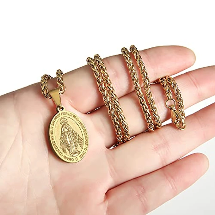 P. BLAKE Gold Oval Virgin Mary Pendant Necklace for Women Men, Virgen De Guadalupe Miraculous Medal Necklace 24 Inches by P. BLAKE - Image 4