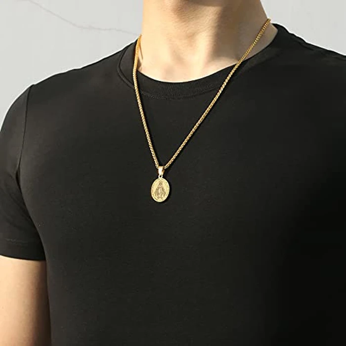 P. BLAKE Gold Oval Virgin Mary Pendant Necklace for Women Men, Virgen De Guadalupe Miraculous Medal Necklace 24 Inches by P. BLAKE - Image 5