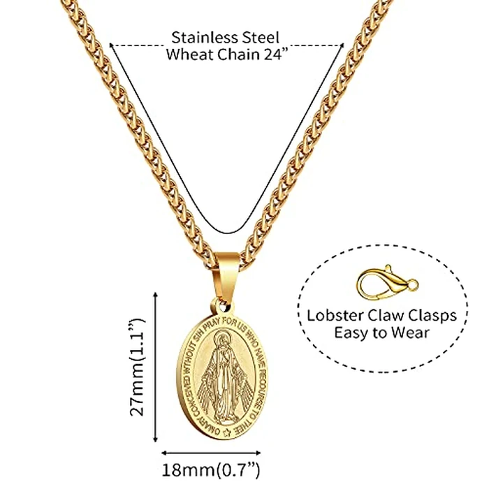P. BLAKE Gold Oval Virgin Mary Pendant Necklace for Women Men, Virgen De Guadalupe Miraculous Medal Necklace 24 Inches by P. BLAKE - Image 6