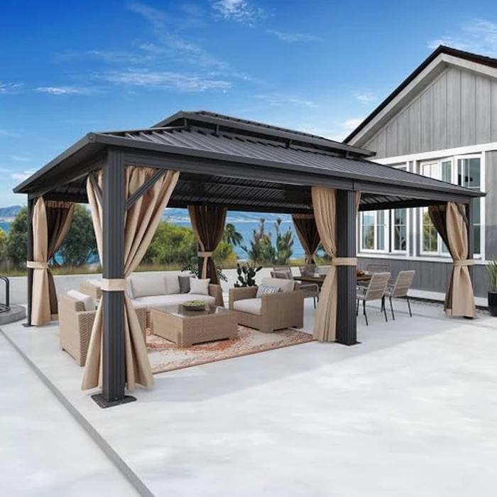 DWVO 20x12ft Aluminum Gazebo Hardtop Double Roof Canopy Outdoor Gazebo Galvanized Roof with Netting and Curtain Garden Tent for Patio, Backyard and Deck by DWVO - Used - Very Good condition