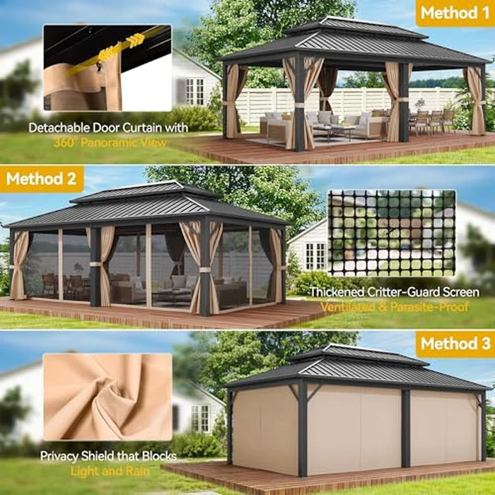 DWVO 20x12ft Aluminum Gazebo Hardtop Double Roof Canopy Outdoor Gazebo Galvanized Roof with Netting and Curtain Garden Tent for Patio, Backyard and Deck by DWVO - Image 7