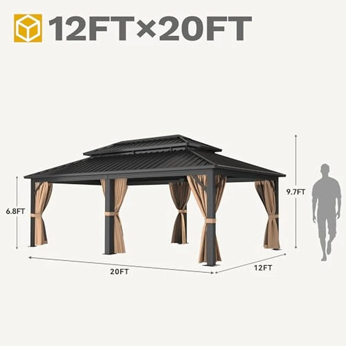 DWVO 20x12ft Aluminum Gazebo Hardtop Double Roof Canopy Outdoor Gazebo Galvanized Roof with Netting and Curtain Garden Tent for Patio, Backyard and Deck by DWVO - Image 9