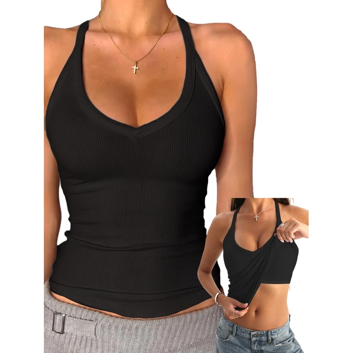 Danysu V Neck Racerback Built-in Bra Tank Tops for Women Trendy Cotton Ribbed Basic Halter Top Black XS by Danysu - Used - Like New condition - US$15.07