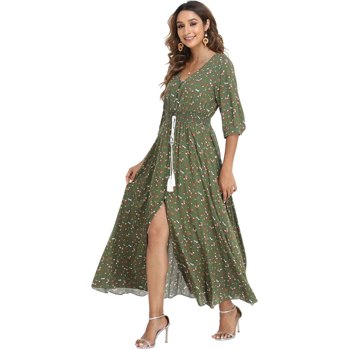 VintageClothing Women's Floral Maxi Dresses with Sleeves Flowy Boho Beach Party Dress Casual Summer Dress, S Deep Green by VintageClothing - Used - Like New condition - US$35.14