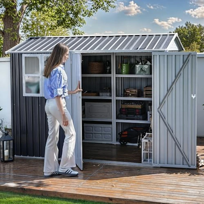 DWVO 8x6ft Metal Outdoor Storage Shed with Window, Lockable Tool Storage Sheds, Oversized Steel Garden Sheds with Sloped Roof for Backyard, Patio, Garage, Lawn (Gray + White) by DWVO - Used - Very Good condition