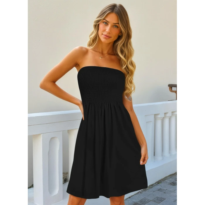 CHICGAL Womens Summer Sun Dress Casual Beach Strapless Cover ups Wedding Guest Dresses Tube Sundress (Black,S) by CHICGAL - Image 1