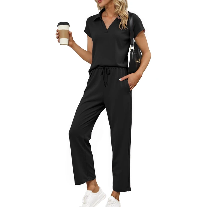 Glamaker Women 2 Piece Loung Set Summer Polo V Neck Top Pant Two Piece Sweatsuit Casual Sweat Suit Loose Matching Outfit(Black,Small) by Glamaker - Used - Very Good condition - US$27.99