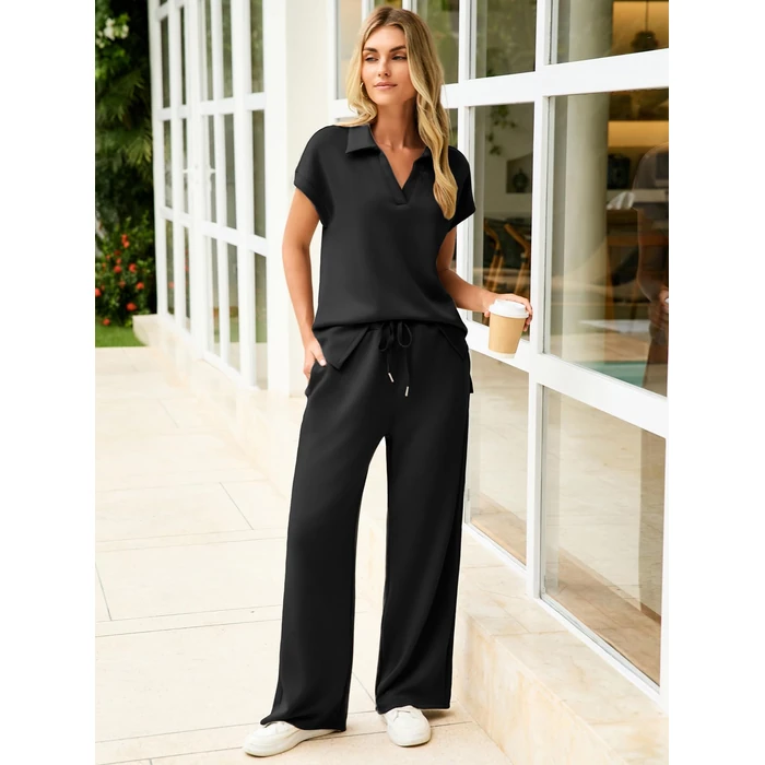 Glamaker Women 2 Piece Loung Set Summer Polo V Neck Top Pant Two Piece Sweatsuit Casual Sweat Suit Loose Matching Outfit(Black,Small) by Glamaker - Image 2