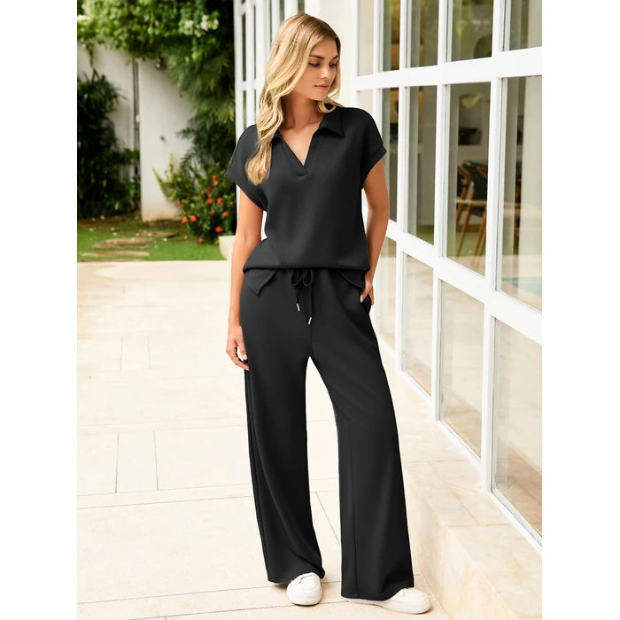 Glamaker Women 2 Piece Loung Set Summer Polo V Neck Top Pant Two Piece Sweatsuit Casual Sweat Suit Loose Matching Outfit(Black,Small) by Glamaker - Image 5