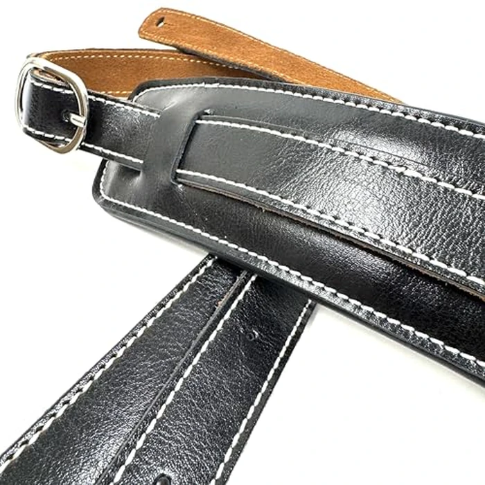Walker & Williams C-18-BLK Vintage Style Premium Black Top Grain Soft Leather Shoulder Pad Guitar Strap Adjusts Up To 61" For Acoustic, Electric, And Bass Guitars by Walker & Williams - Image 3