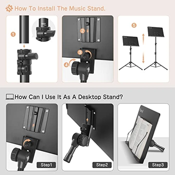 Ramzi Music Stand For Sheet Music 5 In-1 Dual-Use Desktop Book Stand , Music Stand Light, Carrying Bag, Sheet Music Clip by Ramzi - Image 5