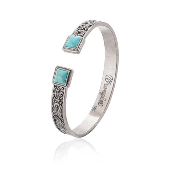 Montana West Wrangler Western Turquoise Bracelet for Women Cowgirl Country Adjustable Silver Plated Carved Floral Open Cuff Bangle Jewelry WGW-STL-1119STQ by Montana West - Used - Like New condition - US$33.99