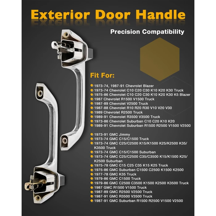 Metal Exterior Door Handles (Pair), Compatible with 1973-1991 Chevy C/K/R/V 10 20 30 1500 2500 3500, GMC C/K 15 25 35 R/V 1500 2500 3500 Pickup Suburban Blazer, Front Left & Right, OE# 77047 90025 by Gledewen - Image 2