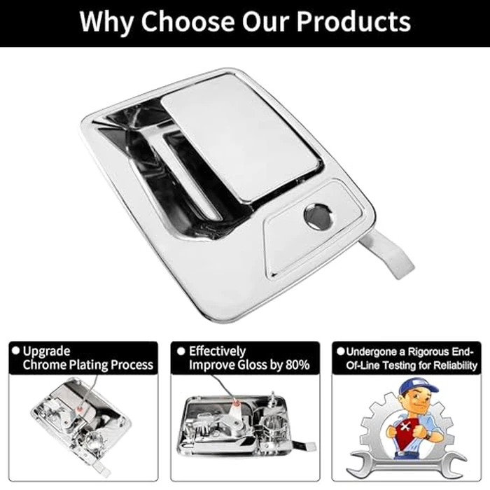 Exterior Door Handle, Compatible with 1999-2016 Ford F250 F350 F450 F550 F650 F750 Super Duty | 00-05 Ford Excursion, Chrome Front Outside Left Driver w/ Key Hole | 7C3Z-2522405-AA 79306 Outer Handle by Gledewen - Image 4