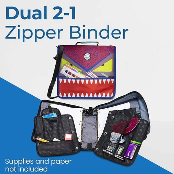 Case-it The Dual 2-in-1 Zipper Binder - Two 1.5 Inch D-Rings - Includes Pencil Pouch - Multiple Pockets - 600 Sheet Capacity - Comes with Shoulder Strap - Monster Design Dual-101-ME by Case it - Image 4