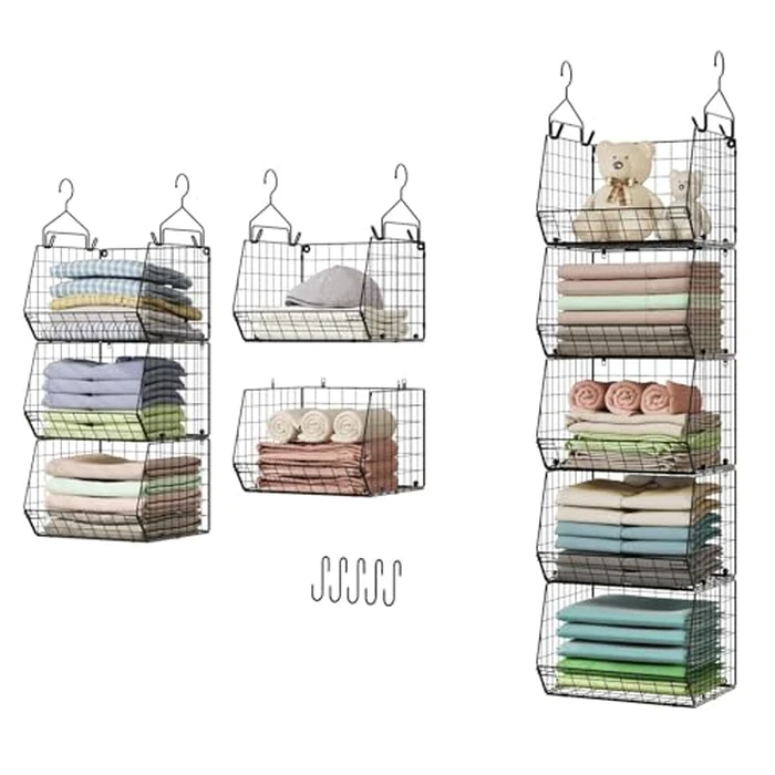 5 Tier Closet Hanging Organizer, Clothes Hanging Shelves with 4 Hanging Hooks 5 S Hooks, Wire Storage Basket Bins, for Clothing Sweaters Shoes Handbags Clutches Accessories Patent Design by X-cosrack - Used - Like New condition - US$39.99