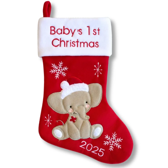 Heart's Sign Babys First Christmas Stocking 2025 - Elephant Design (Red) Xmas Decor | My First Christmas Decor Ornament 2025 (Red) by Heart's Sign - Image 1