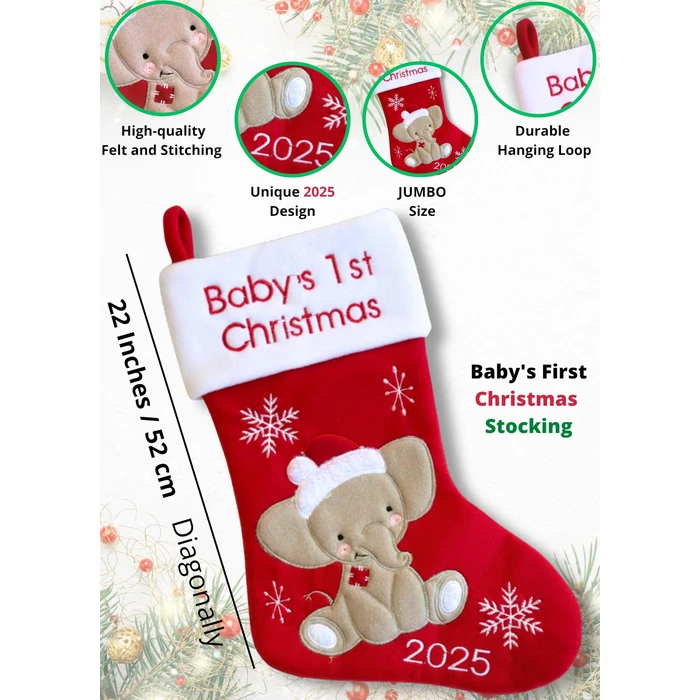 Heart's Sign Babys First Christmas Stocking 2025 - Elephant Design (Red) Xmas Decor | My First Christmas Decor Ornament 2025 (Red) by Heart's Sign - Image 2