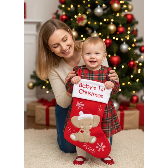 Heart's Sign Babys First Christmas Stocking 2025 - Elephant Design (Red) Xmas Decor | My First Christmas Decor Ornament 2025 (Red) by Heart's Sign - Image 3
