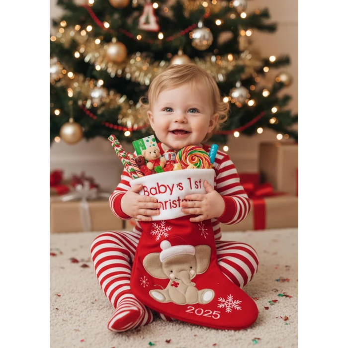 Heart's Sign Babys First Christmas Stocking 2025 - Elephant Design (Red) Xmas Decor | My First Christmas Decor Ornament 2025 (Red) by Heart's Sign - Image 4