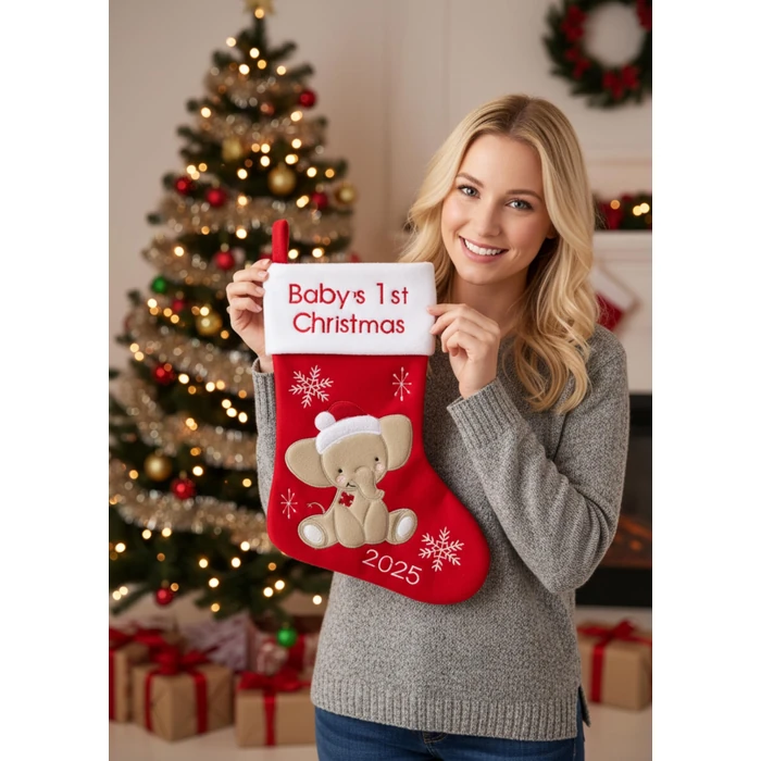 Heart's Sign Babys First Christmas Stocking 2025 - Elephant Design (Red) Xmas Decor | My First Christmas Decor Ornament 2025 (Red) by Heart's Sign - Image 5