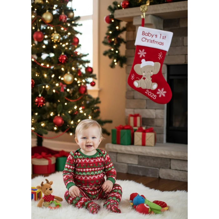 Heart's Sign Babys First Christmas Stocking 2025 - Elephant Design (Red) Xmas Decor | My First Christmas Decor Ornament 2025 (Red) by Heart's Sign - Image 6
